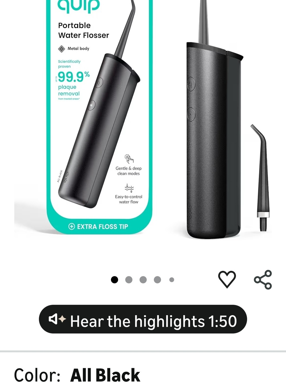 Quip Black Portable Water Flosser – Travel-Friendly Oral Irrigator